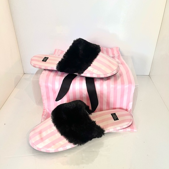 BUNDLE ME! Victoria Secret Satin Pink Striped Slippers with Black Faux Fur Trim - Picture 3 of 7